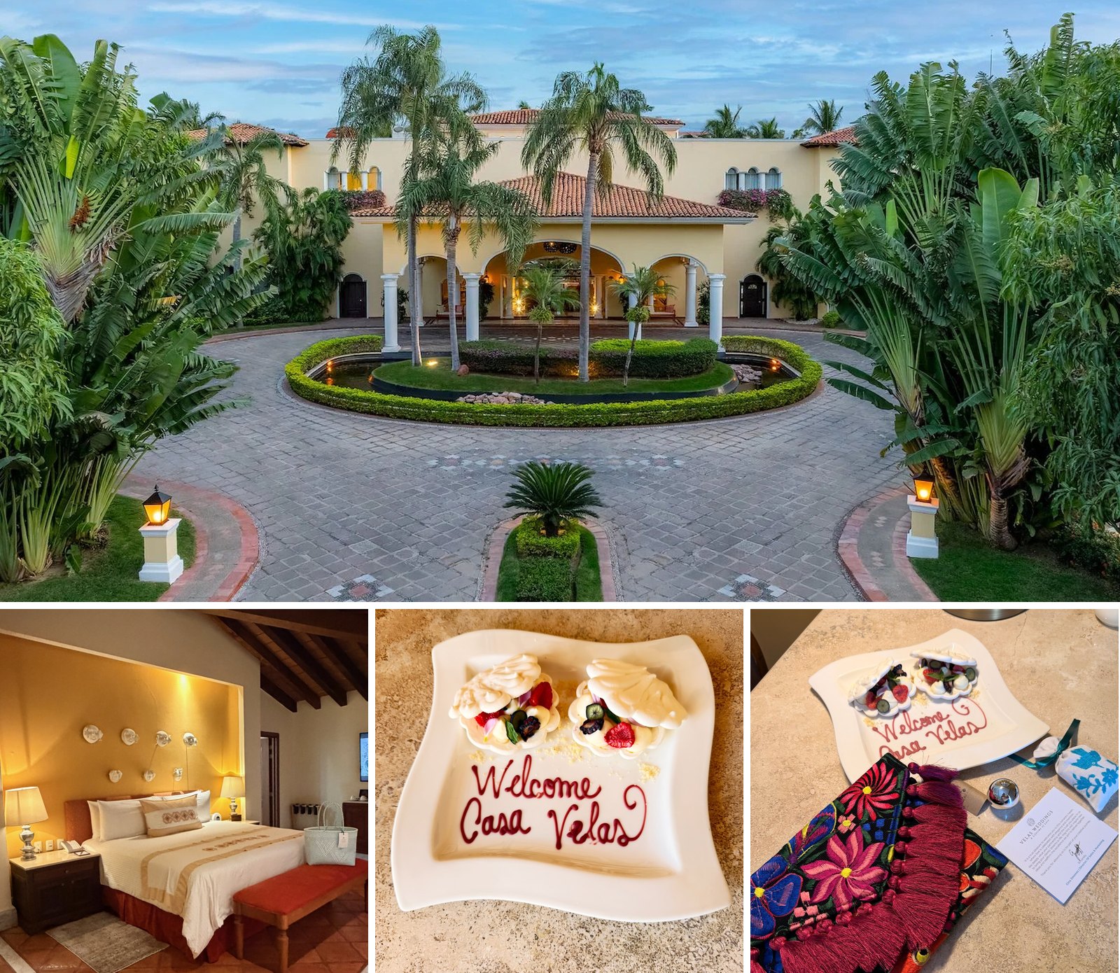 Casa Velas entrance, a suite, welcome meringues and a handmade clutch