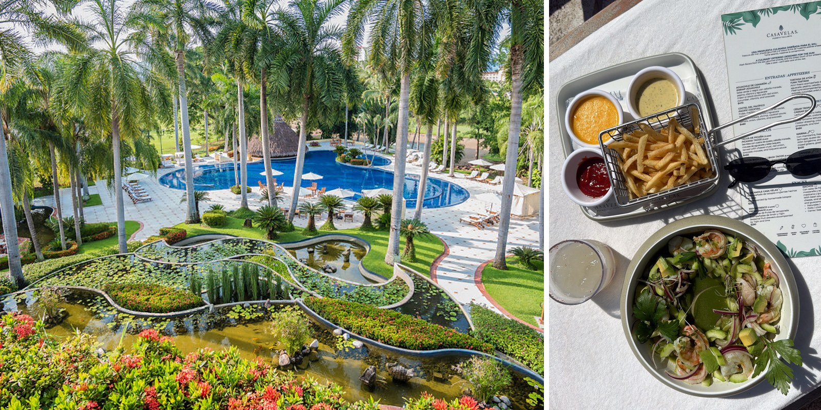 The Casa Velas pool and gardens, with a poolside lunch of shrimp aguachile and fries