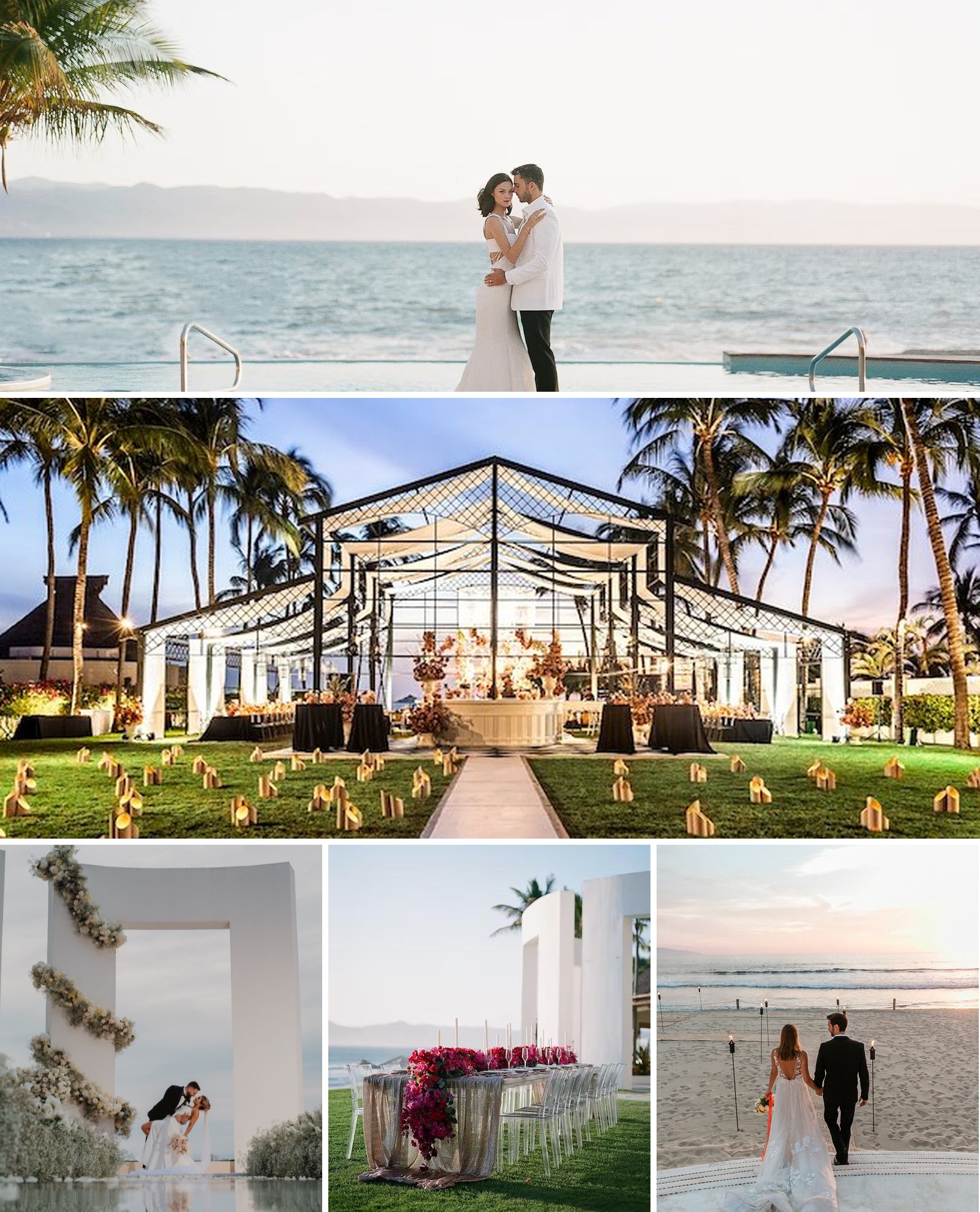 Weddings at Velas Resorts Puerto Vallarta: a clear garden tent reception, the Grand Velas arches, a bougainvillea table and a sunset beach walk